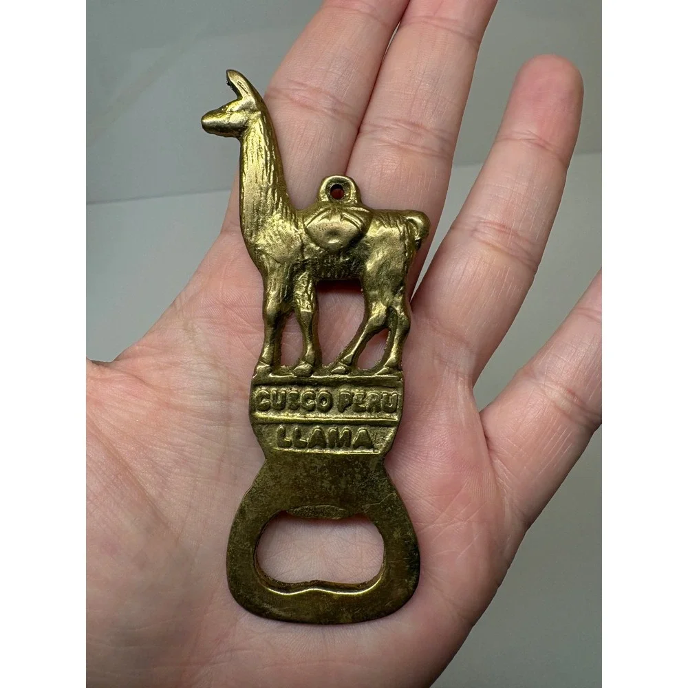 Vintage Brass Llama Bottle Opener Cusco Peru Embossed Metal Barware 4 Inch